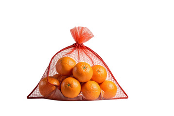 Orange packed in red mesh transparent bag isolated on white background (1)