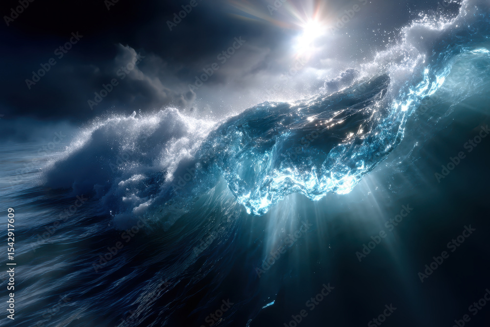 Poster dynamic ocean wave crashing in daylight with rays of sun illuminating the water surface