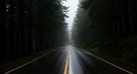 Fototapeta premium Peaceful Rainy Road through Lush Green Forest Landscape