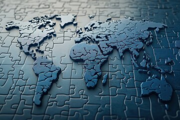 Puzzle world concept, cartographic map forming from modular blue tiles