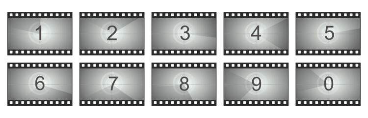 Countdown movie frame, film intro animation retro video screen. Start Timer set, film strip border, Vintage counter.