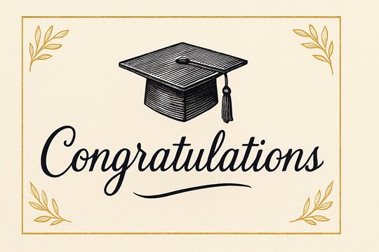 Elegant graduation congratulation card with a hand-drawn black graduation cap and tassel above the script word “Congratulations,” accented with gold laurels, ideal for academic celebration and milesto