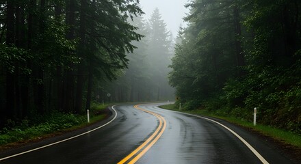 Fototapeta premium Curved Road in Misty Forest Surrounded by Tall Trees