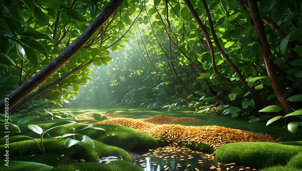 Poster walking through a serene forest path with sunlight streaming through trees