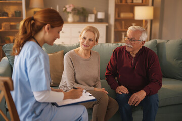 In a brightly lit living room, a home healthcare worker wearing scrubs speaks with an elderly couple, the caregiver is taking notes on a clipboard.
