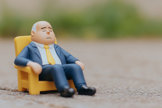 Figurine of a tired businessman in a suit, relaxing on a yellow chair with a melancholic expression. Soft background conveys a sense of solitude.