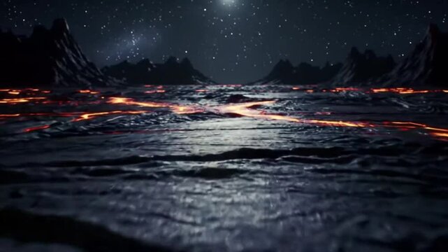 Alien landscape at night with lava flows