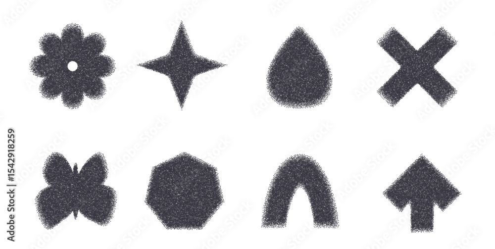 Poster grain noise gradient geometric shape set. y2k stipple arrow, drop and arch with flower forms. black 