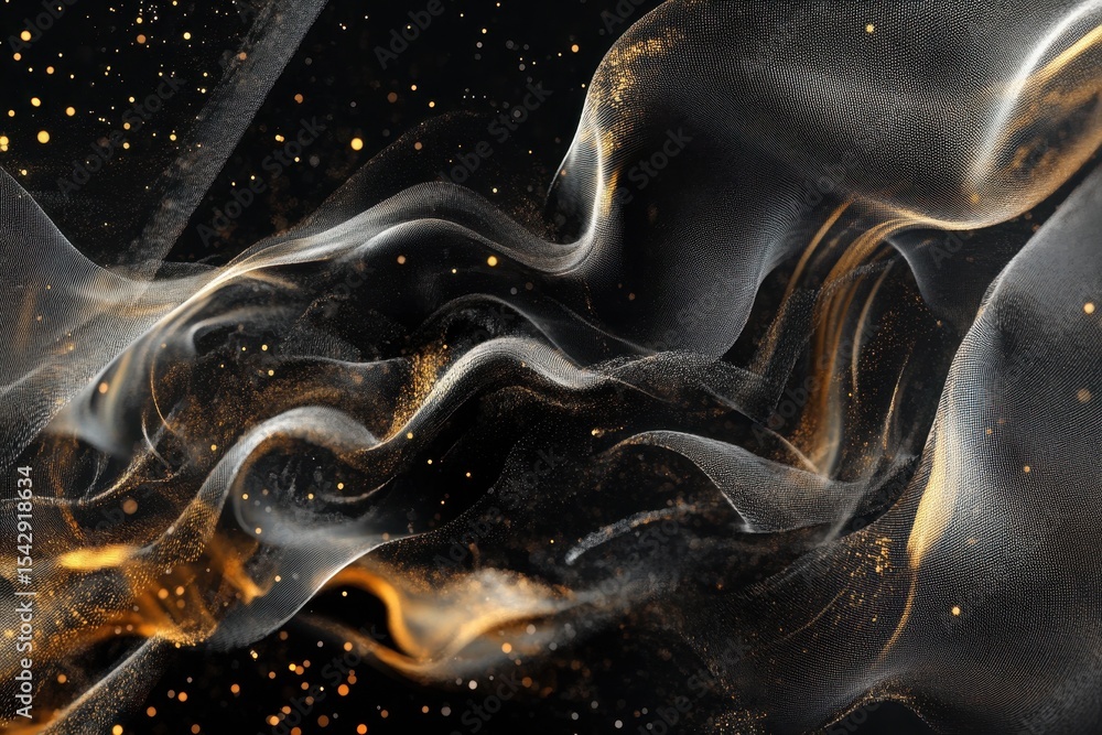 Poster Blobs and abstract shapes interact in a dynamic display over a waving mesh surface, blobs and abstract shapes moving over waving mesh on black background