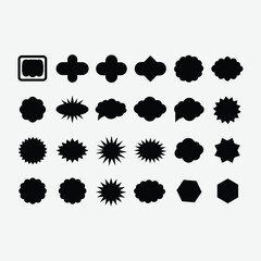 High-quality digital vector of 20 black silhouette shapes including stars, clouds, ovals, and hexagons. Perfect for design projects, logos, and minimalist artwork.