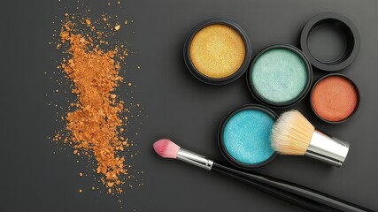 Cosmetic Palettes with Powders and Makeup Brushes Displayed on a Dark Background for Beauty or Fashion Presentation
