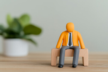 Contemplative Clay Figure: A faceless figure in a suit, seated pensively against a blurred green plant backdrop, evoking reflection and solitude.