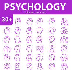 Psychology Line Icon Set,  Editable Vector Icons for Mental Health, Human Behavior, and Emotional Wellness

