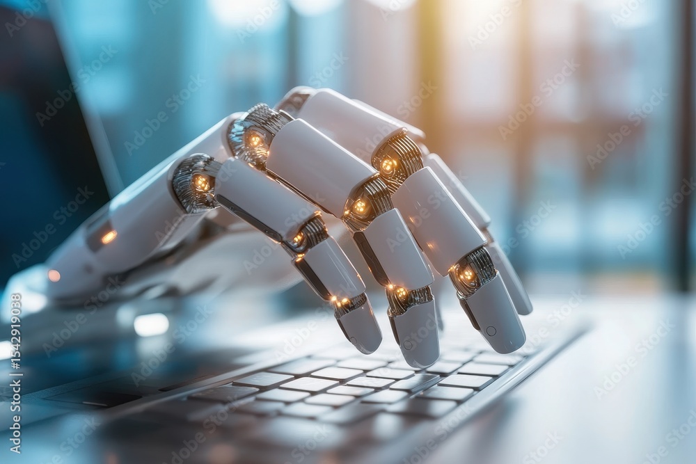 Poster seamless interaction of advanced artificial intelligence using robotic hand on keyboard in modern wo