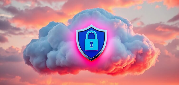 Large cloud with shield and blue padlock icon, symbolizing secure data storage,  information security,   data center
