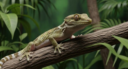 Green Gecko on Branch Amidst Foliage