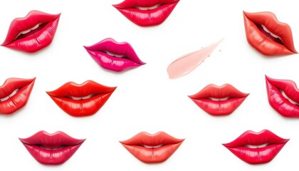 Obraz premium Realistic vector lips with various lipstick shades, isolated on white Ideal for beauty industry design, beauty elements, illustration