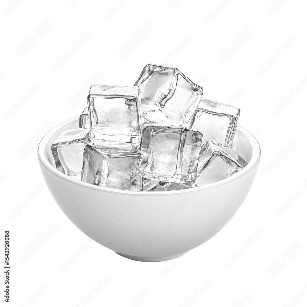 Poster ice cubes in a white bowl create a refreshing visual against a clean white background, ice cube in w