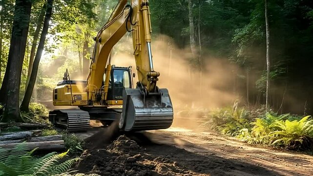 Cable skidder dragging logs in a dense forest clearing on a bright afternoon.