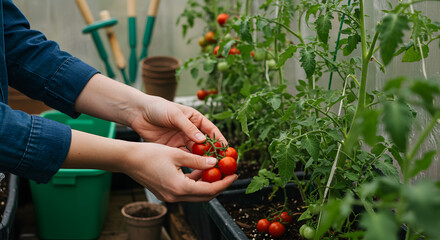 Fototapeta premium Eco gardening lifestyle with fresh tomato harvest