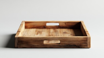 Empty Wooden Tray with Handles on White Background for Serving and Storage Use