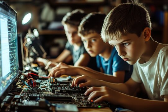 Young computer hackers engage in coding activities in a dimly lit room filled with technology, Young computer hackers trying to gain access to a computer system
