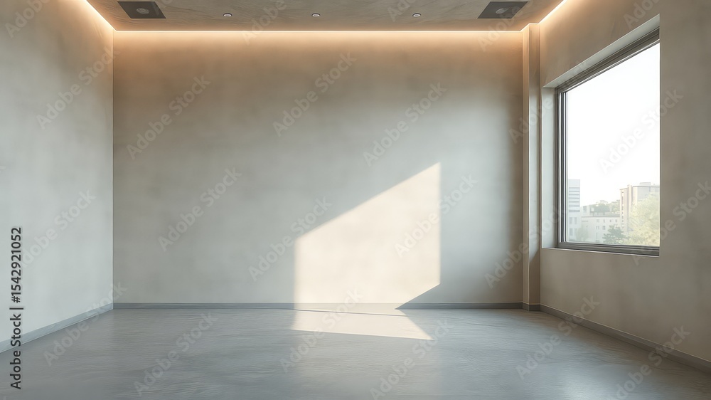 Poster minimalist modern interior features concrete walls and floors, accented by subtle lighting and a vie