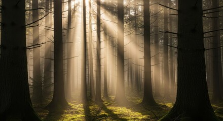 Mystical Forest with Sun Beams and Fog