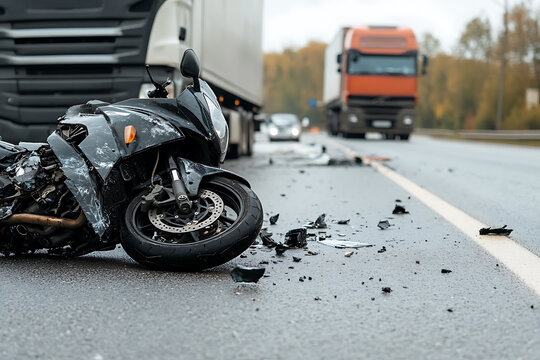 Fototapeta Motorcycle wreck with scattered debris on the road after an accident, highlighting the aftermath of a collision. Trucks are shown in the background.