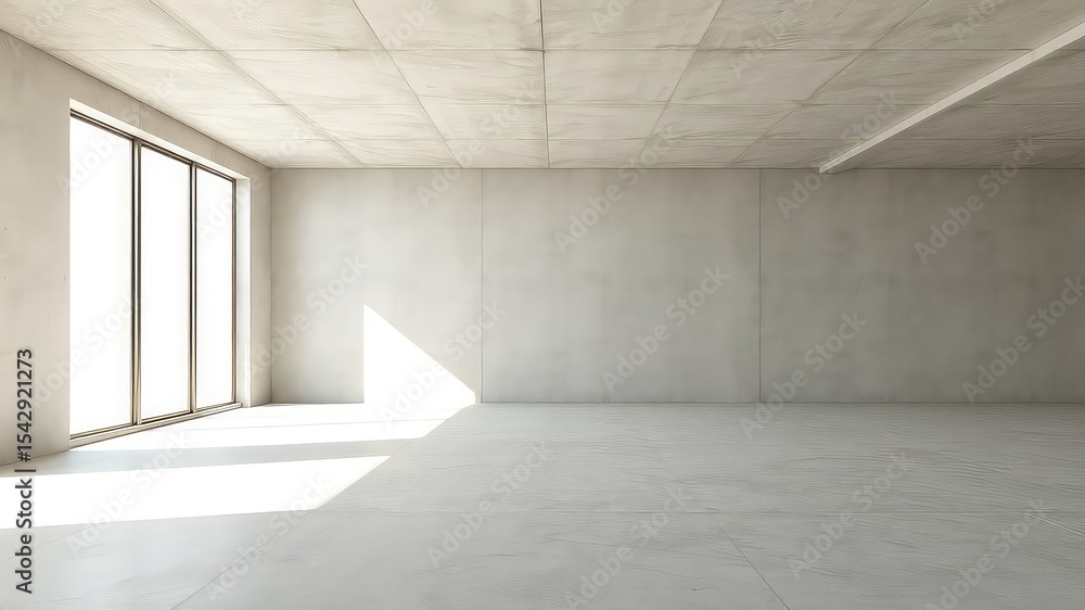 Poster empty concrete room with large windows casting sun rays, minimalist space for design, architecture a