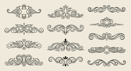 Decorative Ornate Design Elements Antique Vintage Victorian Floral Dividers Scrolls Isolated on Beige Background