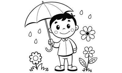 Cute cartoon boy with umbrella in the rain isolated on white background