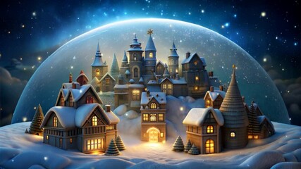 Snow is falling inside and outside snowball, fairytale village in snowball, falling shimmering snow, shimmering winter video - Powered by Adobe
