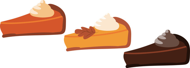 Set of isolated vector pumpkin and chocolate pie slices with cream toppings. Perfect for autumn, Thanksgiving, dessert, and holiday-themed designs.