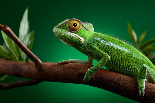 green chameleon in bright green background - Powered by Adobe
