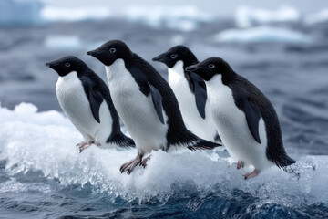 Fototapeta premium Penguins gather on an ice floe in icy waters of Antarctica during a sunny day