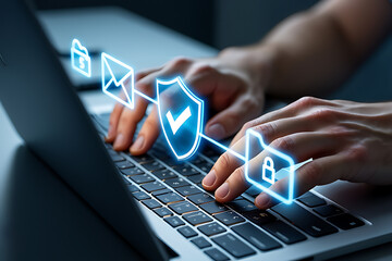 Secure Online Data Protection: Hands Typing on Laptop with Digital Shield and Lock Icons