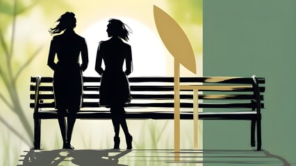 Two Silhouettes Sharing a Peaceful Moment on a Bench Serene Sunset Backdrop