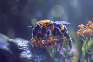 Large earth bumblebee Bombus terrestris collecting nectar from flowers in a vibrant garden setting, large earth bumblebee Bombus terrestris feeding on blooming flower Close up Slow motion