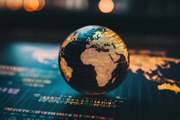 Globe positioned over world map displaying data processing and geographic information in a dark setting, globe over world map and data processing on black background