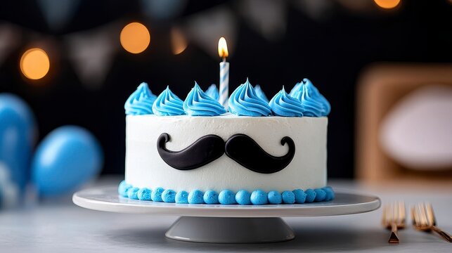 Adorable Blue Mustache Cake for Father s Day or Birthday. Delightful sky blue facial hair confection ideal celebratory treat for paternal figure s special day or anniversary.