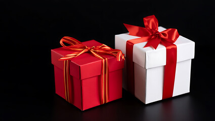 Red and White Gift Boxes with Red Ribbon Bows on Black Background