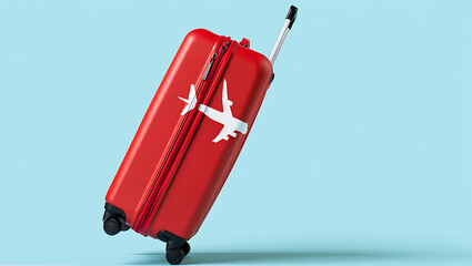 Red Suitcase with Airplane Icon on Light Blue Background