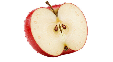 Realistic close-up of a fresh red apple cut in half with water droplets