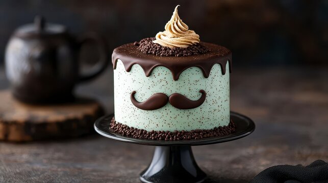 Delicious teal father s day cake with chocolate mustache. A delightful aqua colored confection perfect for a celebratory occasion honoring paternal figures adorned with a delectable