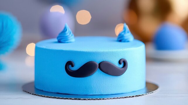 Delightful Blue Fathers Day Cake with Mustache Decoration. A scrumptious azure celebratory confection perfect for a paternal figure adorned with a charming facial hair embellishment.