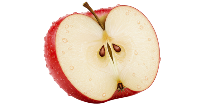 Realistic close-up of a fresh red apple cut in half with water droplets