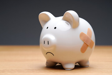 Sad Piggy Bank with Bandage: Concept of Financial Trouble and Debt