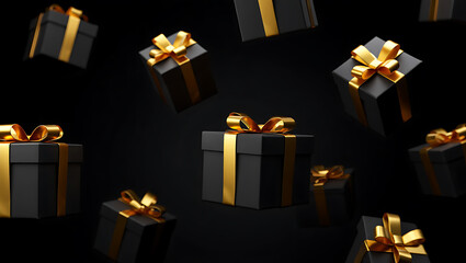 Black Gift Boxes with Gold Bows Falling on Black Background
