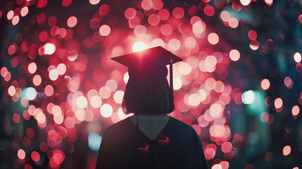 Back portrait of graduation woman with graduation cap bokeh background